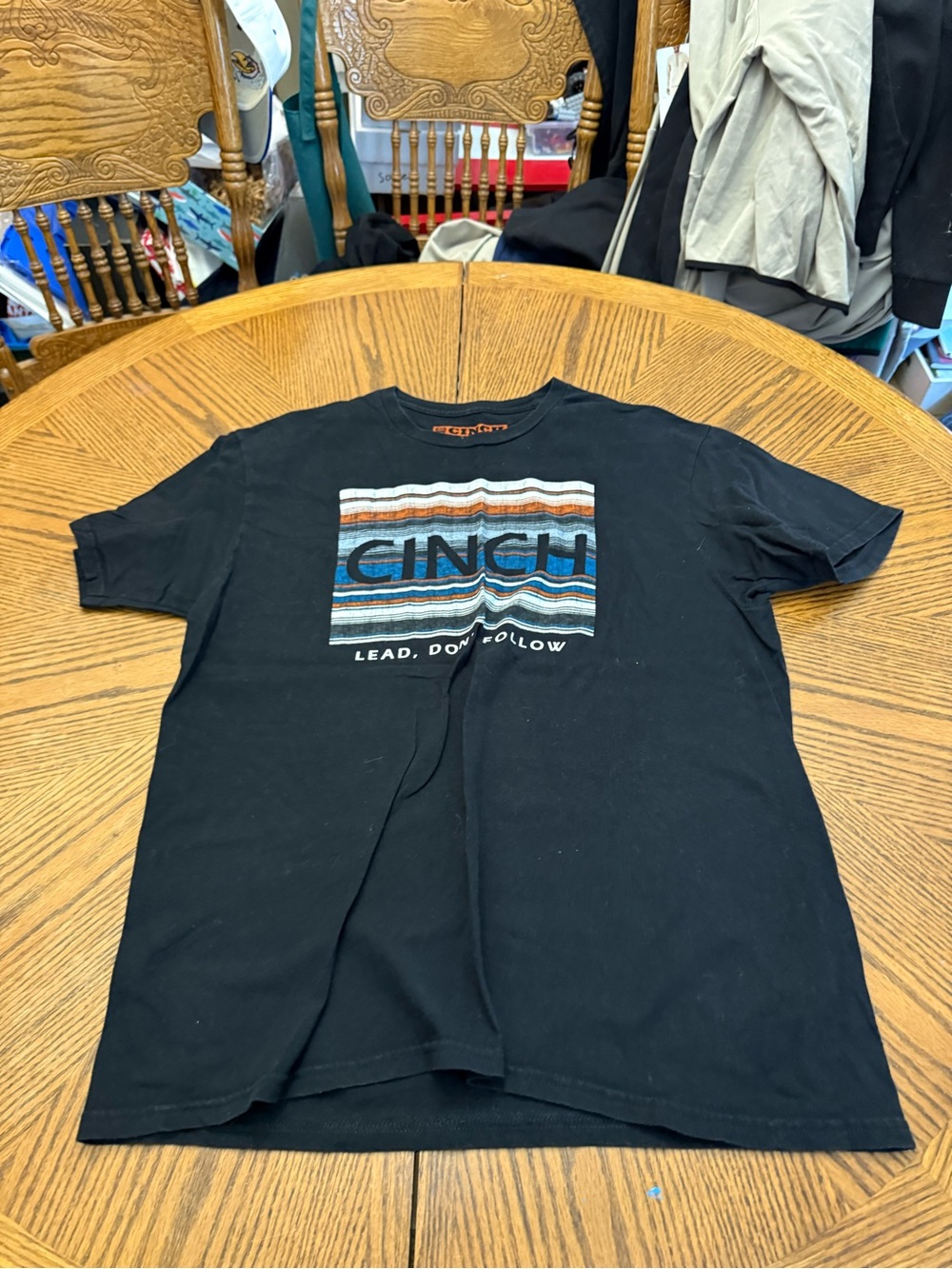 Cinch Black Short-Sleeve Logo Tee with Multicolor Stripes